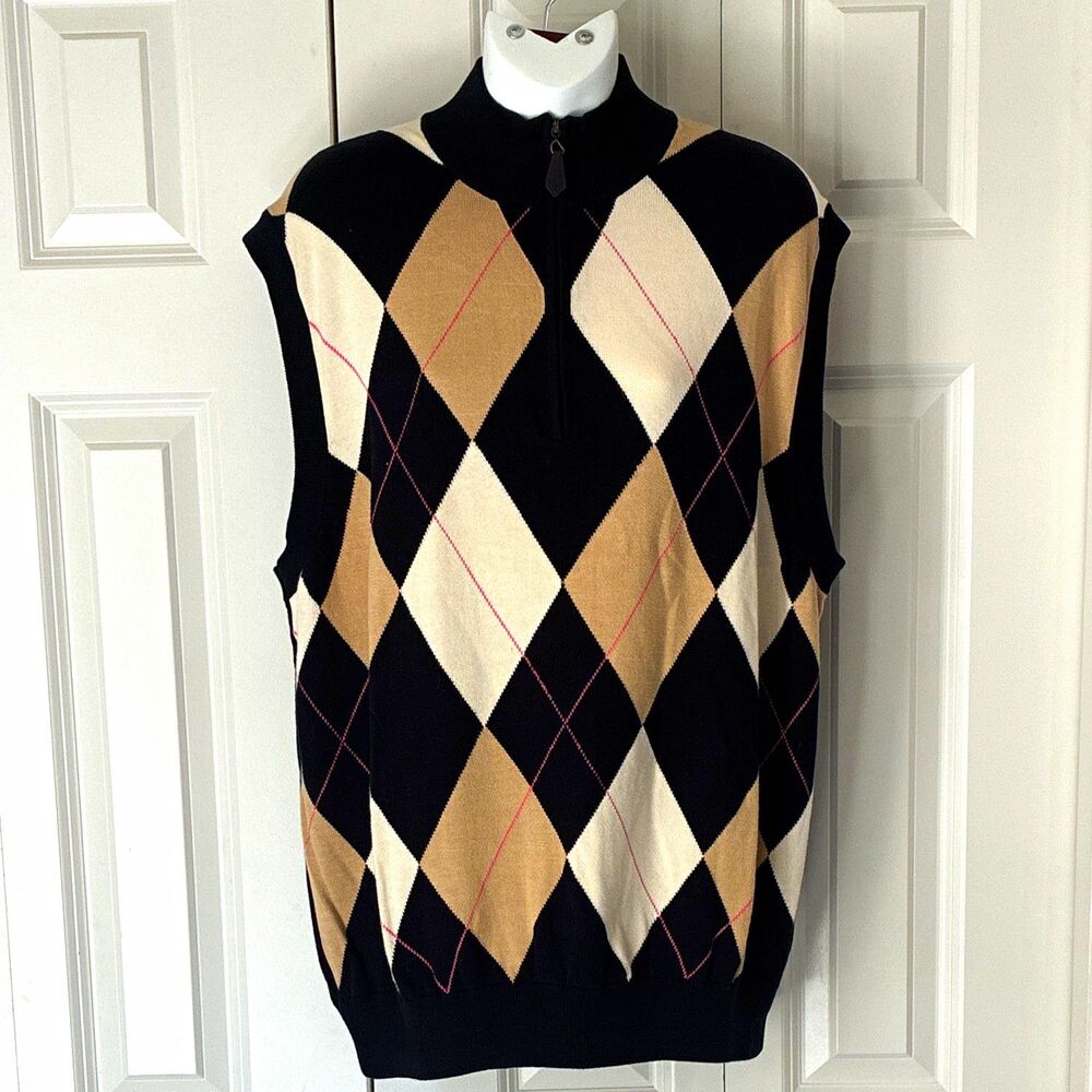 Alan Flusser Men's L Cotton Argyle Mock Neck Zip Knit Sweater Vest Golf
